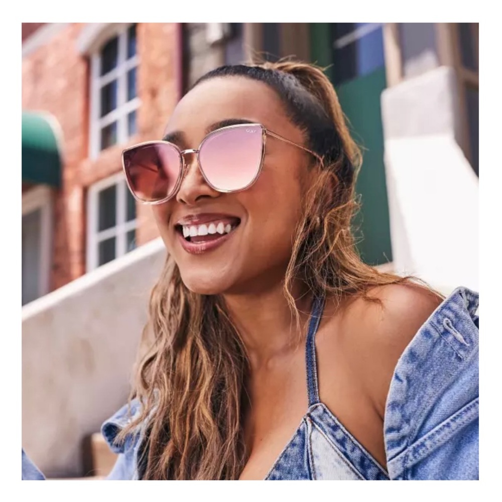 Quay Australia Flat Out Cat Eye Sunglasses in Champagne/Navy